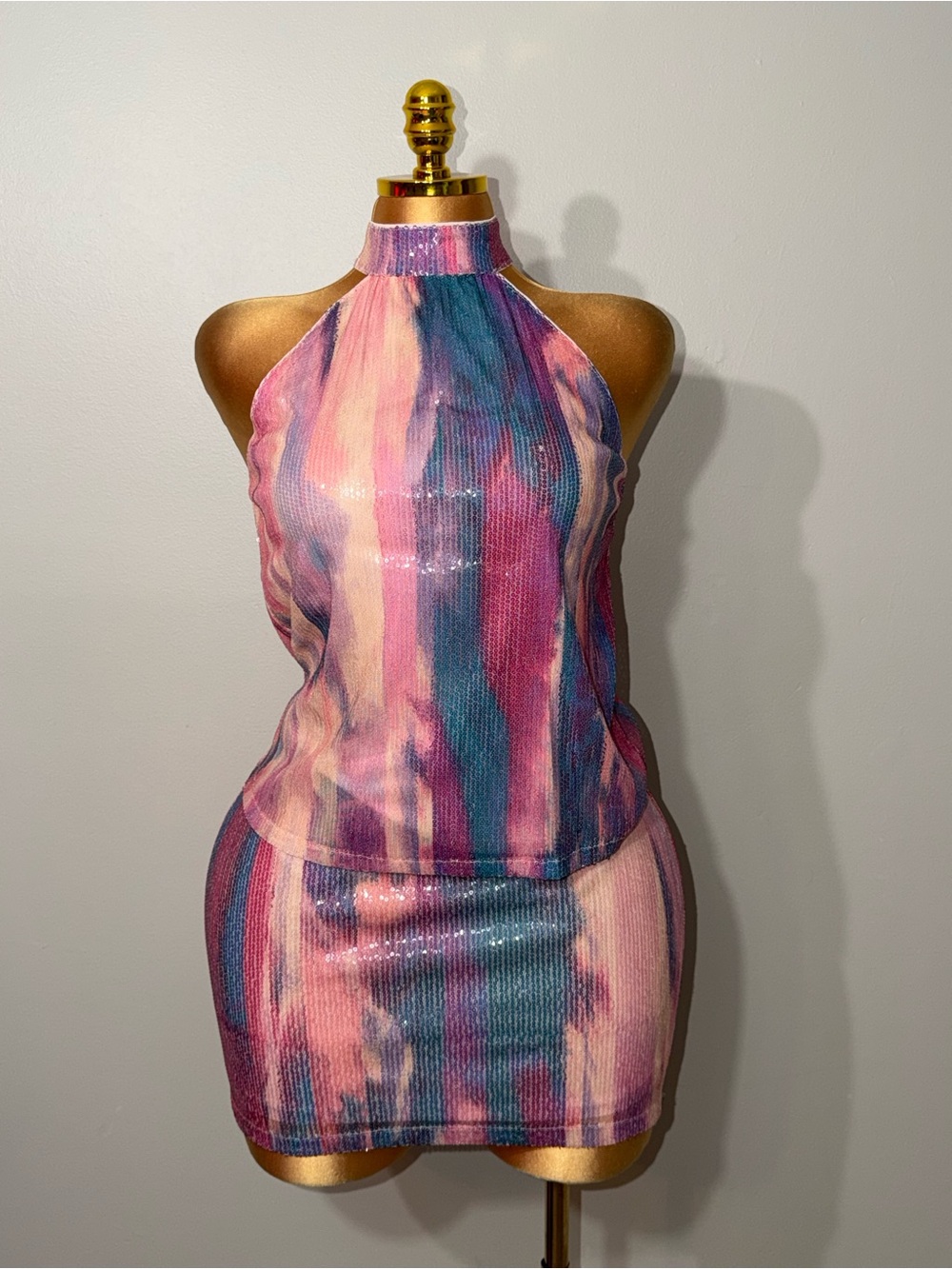 Cable & Gauge Pink Multi Halter Mini Dress